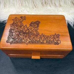 Vintage Wooden Jewelry Box Carved Floral and Butterfly Design Cottagecore Gift